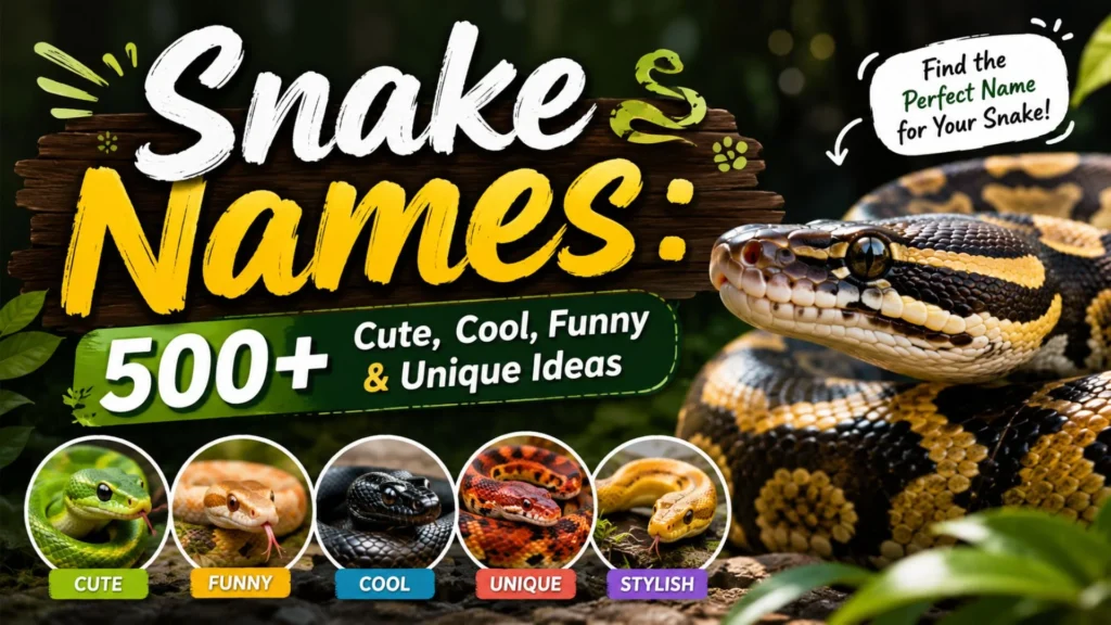 Snake names guide featuring a ball python with cute, cool, funny, and unique pet snake name ideas
