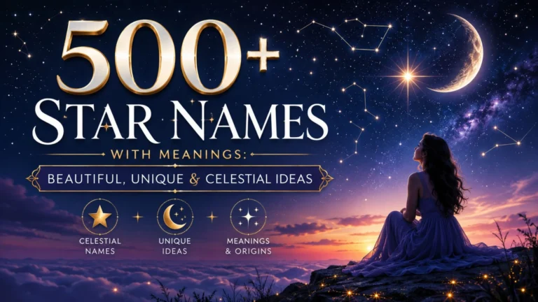 500+ star names with meanings featured on a celestial night sky with constellations, moon, and dreamy cosmic landscape