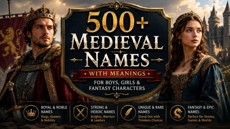 500+ medieval names with meanings for boys, girls, and fantasy characters featuring a king, queen, and castle background