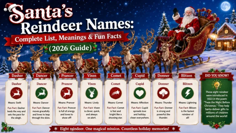 Santa's reindeer names complete list with meanings and fun facts featuring Santa's sleigh and eight reindeer under a snowy night sky
