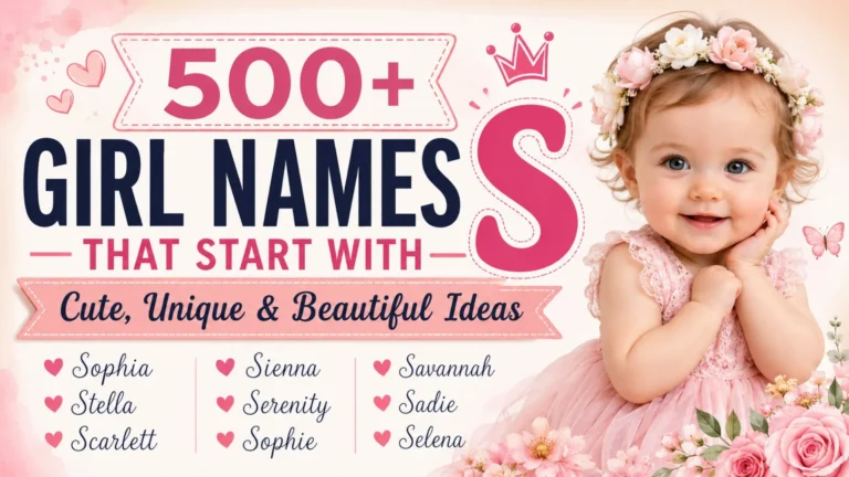 500+ girl names that start with S featuring cute, unique, and beautiful baby name ideas with a smiling baby girl