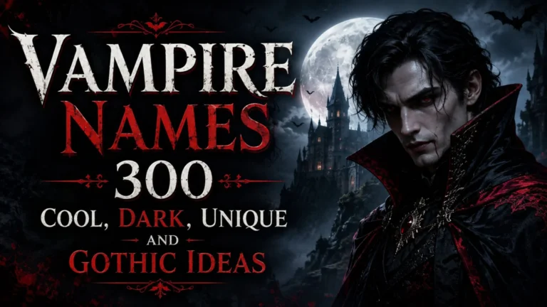 Vampire names banner with a dark Gothic vampire, moonlit castle, bats, and 300 name ideas