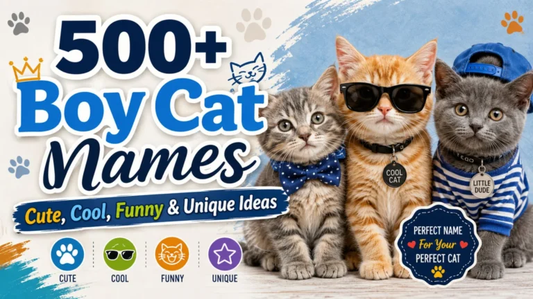 Three adorable kittens with stylish accessories promoting 500+ boy cat names including cute, cool, funny, and unique ideas.