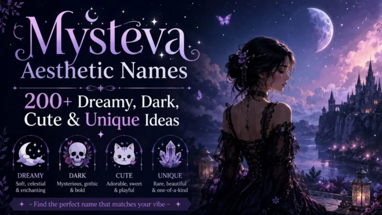 Mysteva aesthetic names banner featuring dreamy, dark, cute and unique name ideas in a magical fantasy setting