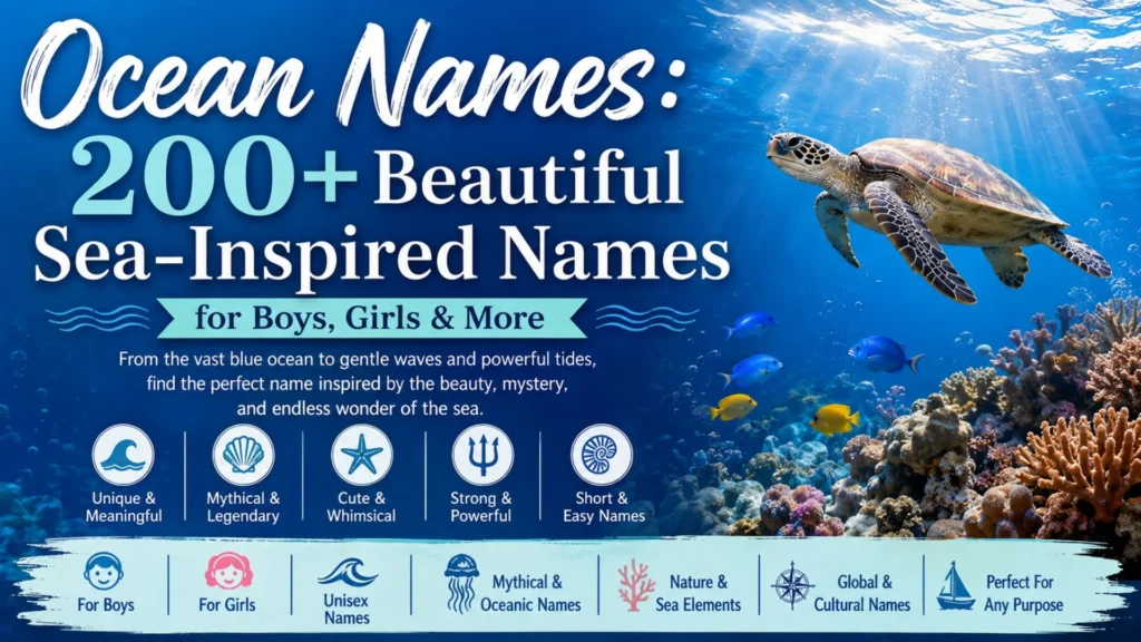 Ocean names infographic featuring 200+ beautiful sea-inspired names for boys, girls, and more