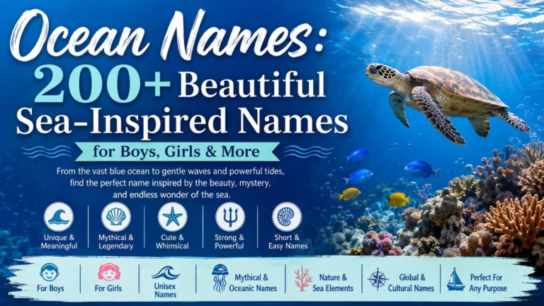 Ocean names infographic featuring 200+ beautiful sea-inspired names for boys, girls, and more